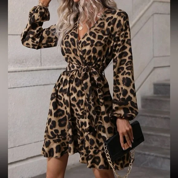 boho leopard print dress Comfylo Multicolor Plus Size Leopard Print Strapless Dress Wedding Guest Party Semi Formal Slim Fit Flared A-Line Knitted Fabric High Waist,3XL